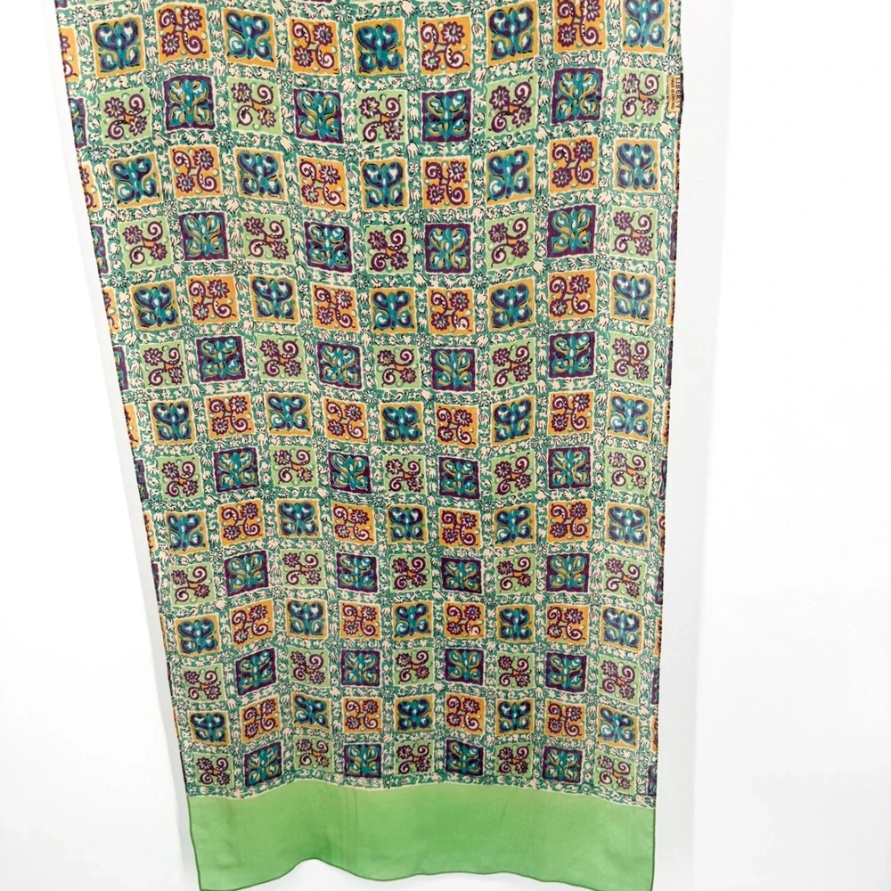 Vintage Liberty of London Silk Scarf 17x50‎ Green Purple Gold Floral Tile Print